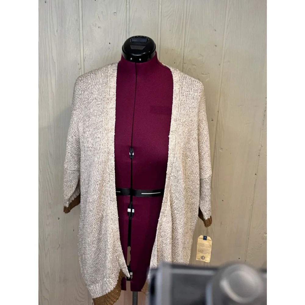 NWT Democracy Cardigan 3/4 Length Sleeves. Tan and Brown. Sz M